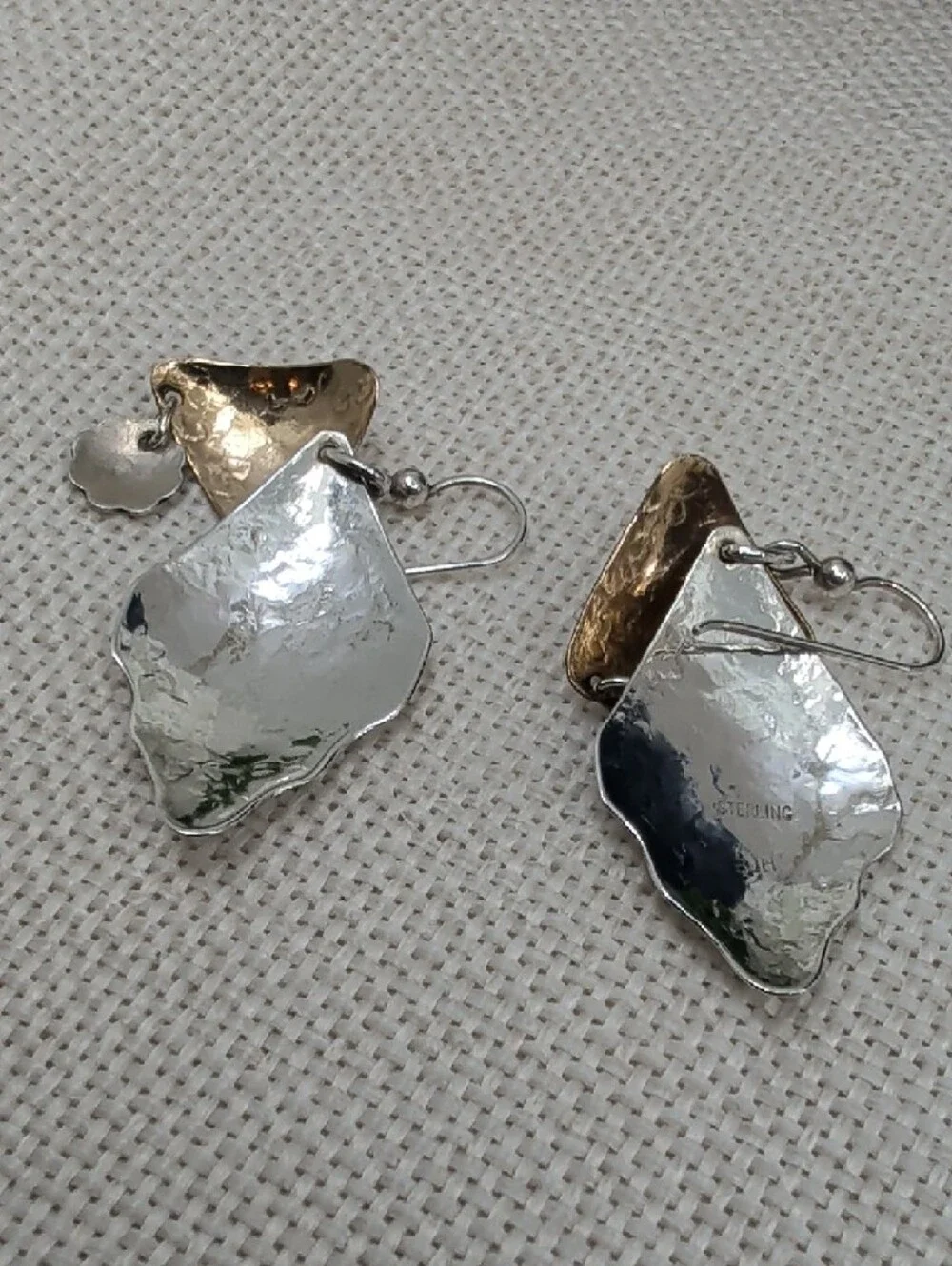 Vintage Hand-Hammered 925 Sterling Two-Tone Shield Dangle Earrings